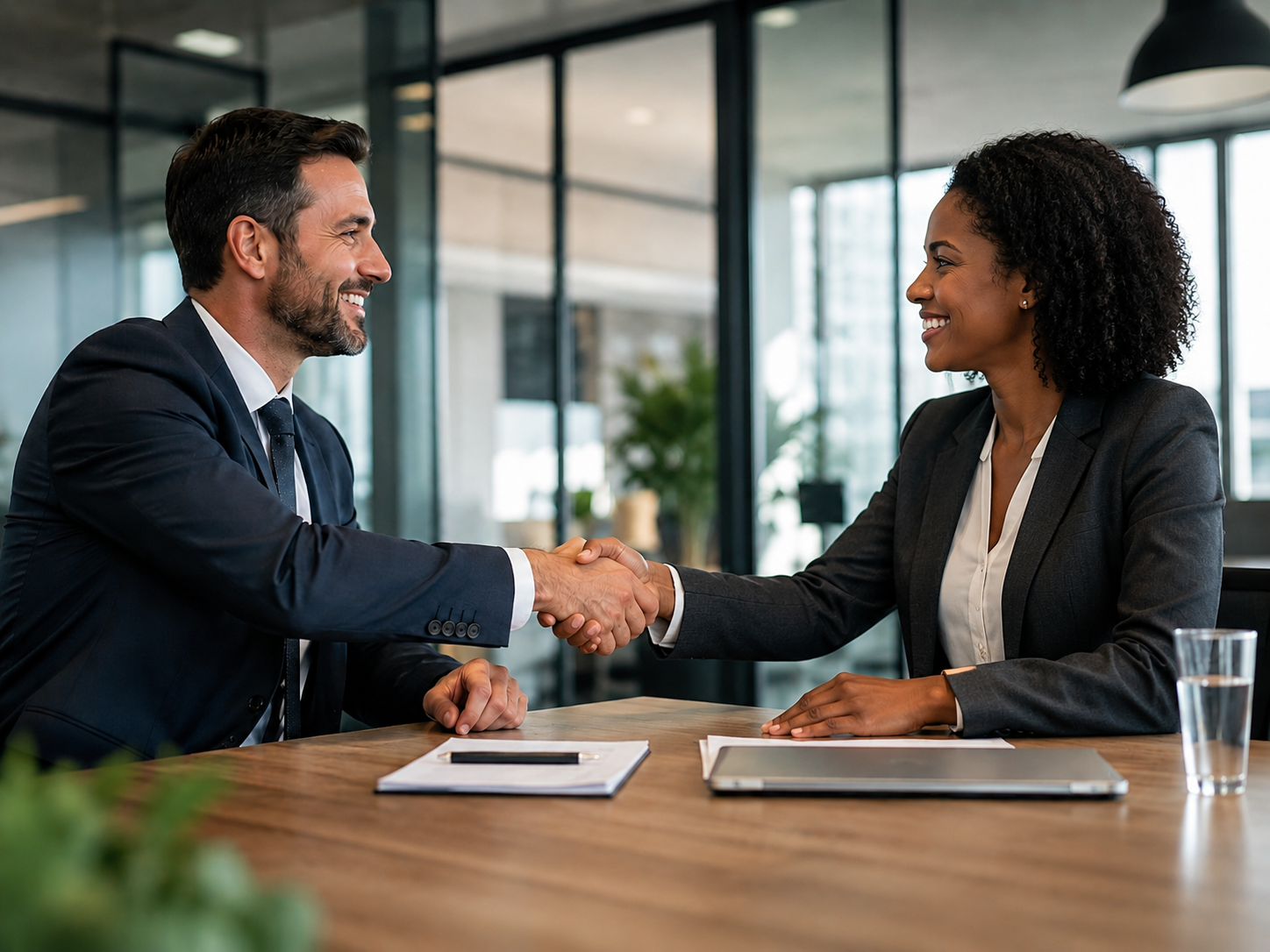 Two professionals shaking hands after a settlement