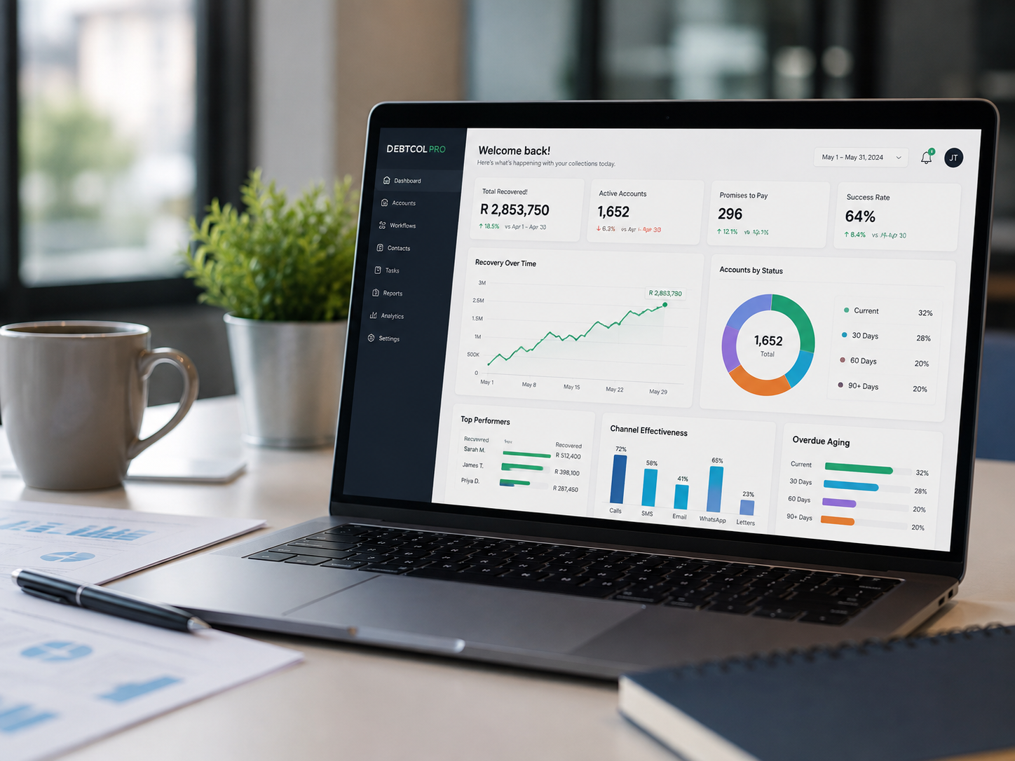 Professional reviewing the Debtcol Pro Reporting Overview dashboard on a desktop monitor